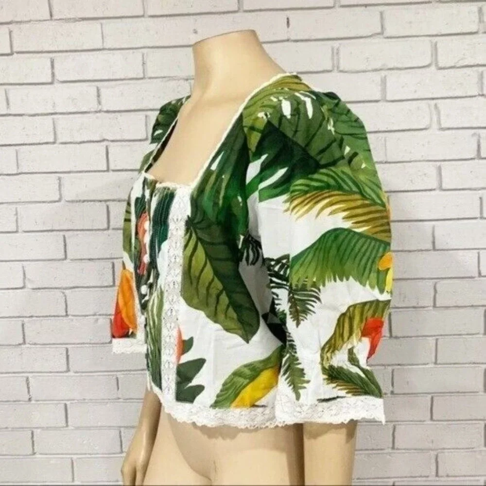 Farm‎ Rio Tropical Lace Trim Cocoa Forest Puff Sleeve Square Neck Top  | Size M